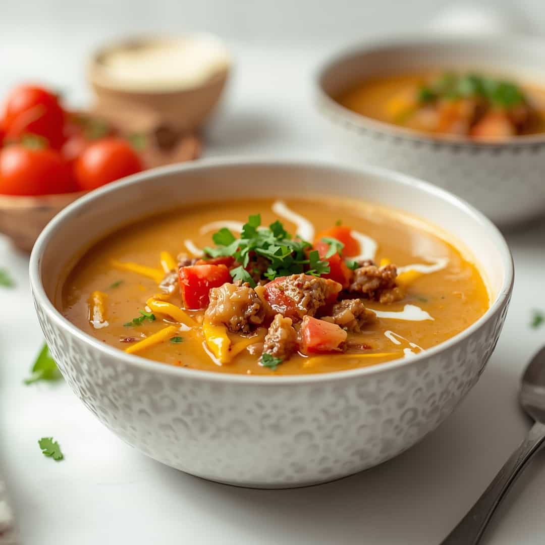 Easy Cheeseburger Soup - steaming with a swirl of cream and cracked black pepper