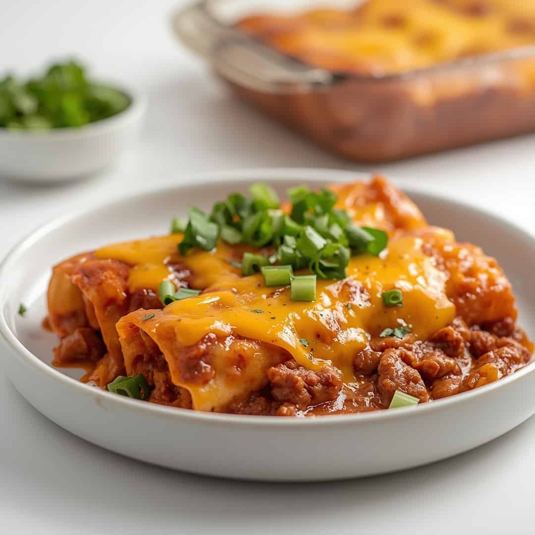 Easy Cheesy Ground Beef Enchiladas - seared caramelized crust with juicy tender interior with chopped scallions and toasted sesame seeds