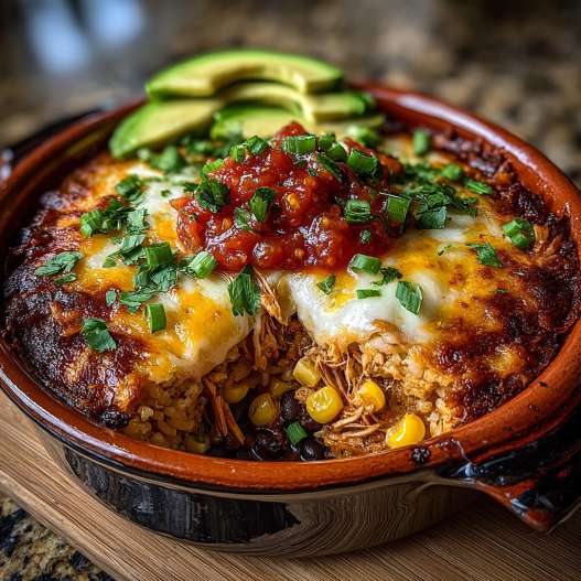 Easy Chicken Burrito Casserole - succulent simmered chicken smothered in rich pan sauce with fresh rosemary sprigs and pan drippings