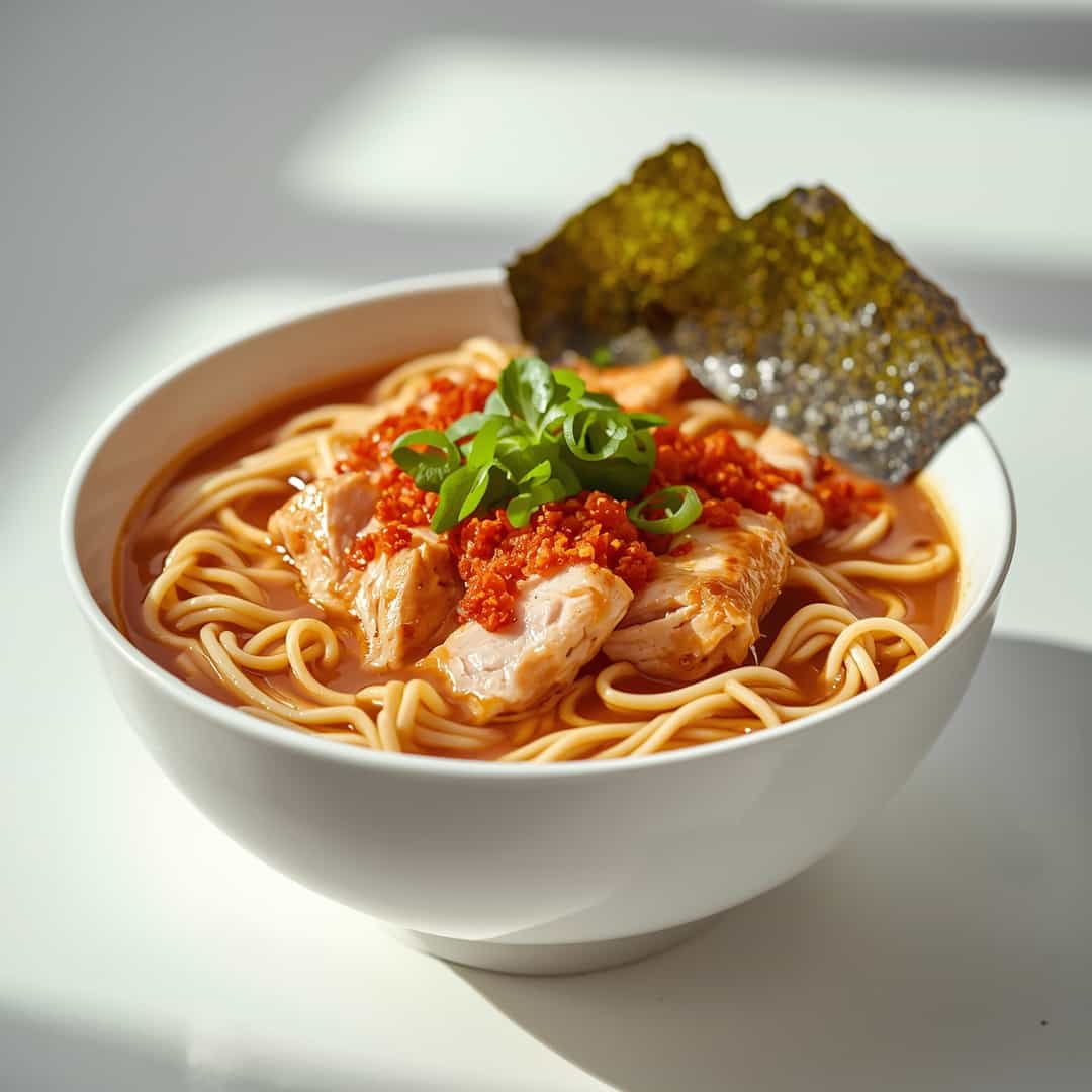 Easy Chicken Ramen - succulent simmered chicken smothered in rich pan sauce with fresh rosemary sprigs and pan drippings