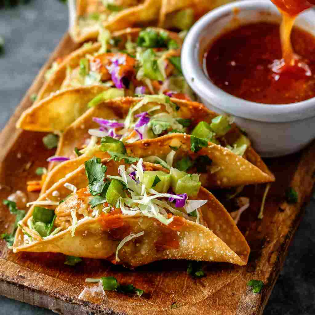Easy Chicken Wonton Tacos - succulent simmered chicken smothered in rich pan sauce with fresh rosemary sprigs and pan drippings