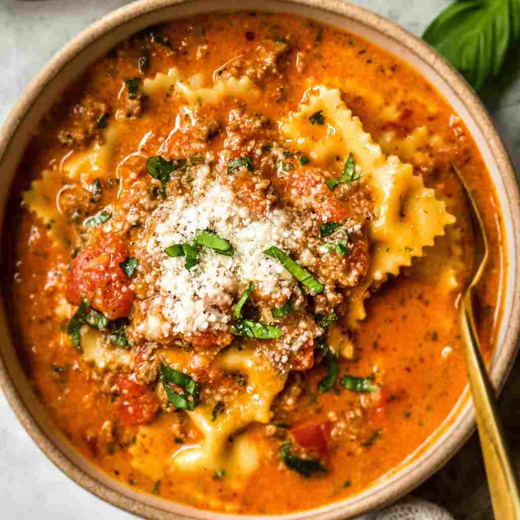 Easy Creamy Lasagna Soup - rich hearty simmer with deep aromatic color with grated aged Parmesan and crunchy croutons