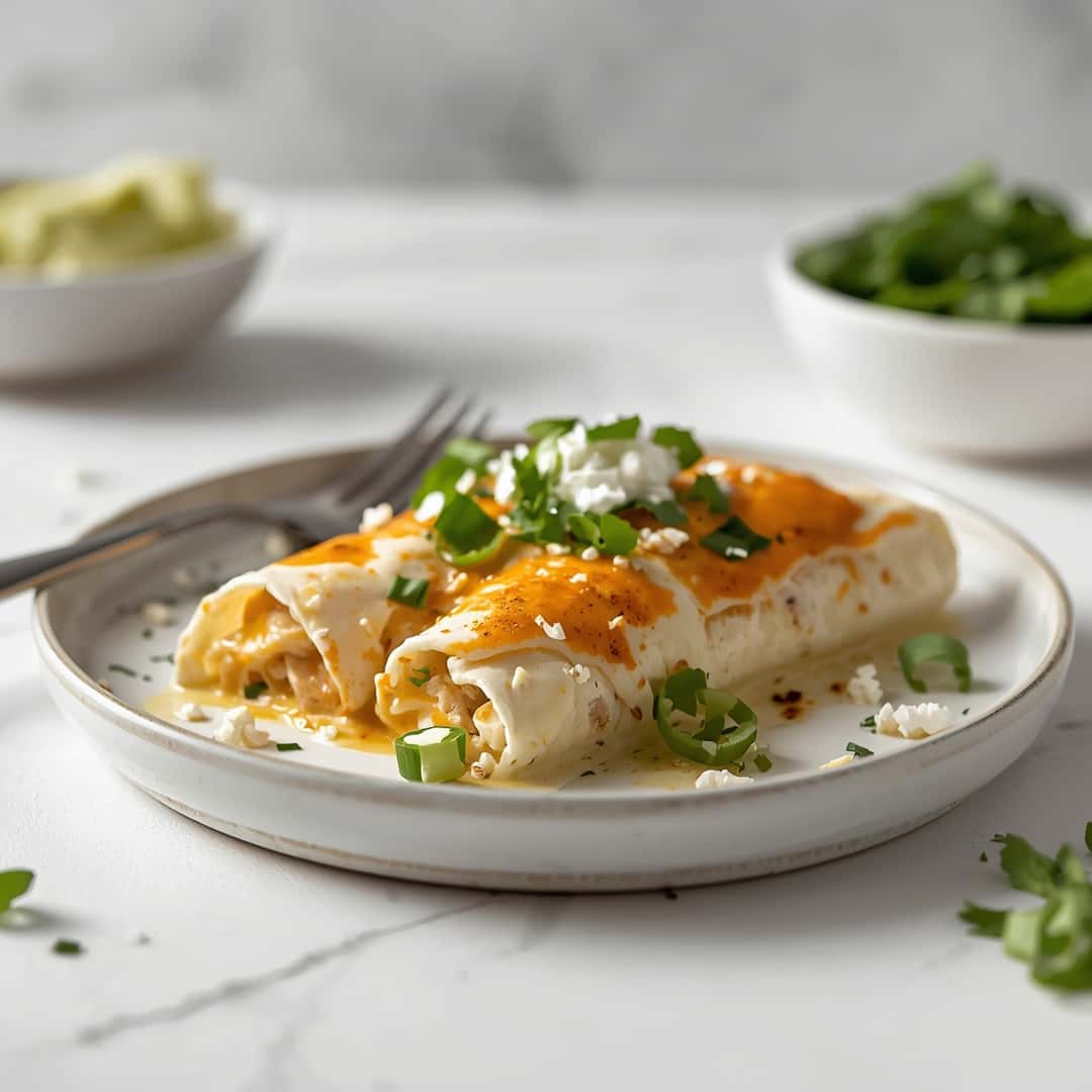 Easy Creamy White Chicken Enchiladas - crispy golden skin with aromatic herb seasoning with fresh thyme leaves and roasted garlic cloves