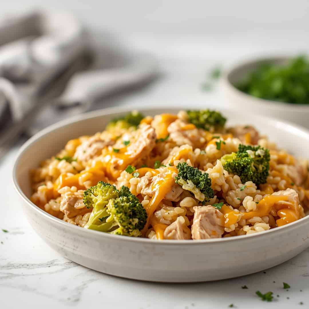 Easy Crockpot Cheesy Chicken Broccoli Rice - crispy golden skin with aromatic herb seasoning with fresh thyme leaves and roasted garlic cloves