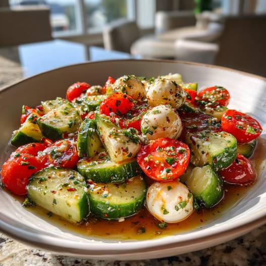 Easy Cucumber Caprese Salad - crisp garden greens with shaved radishes and fresh herbs