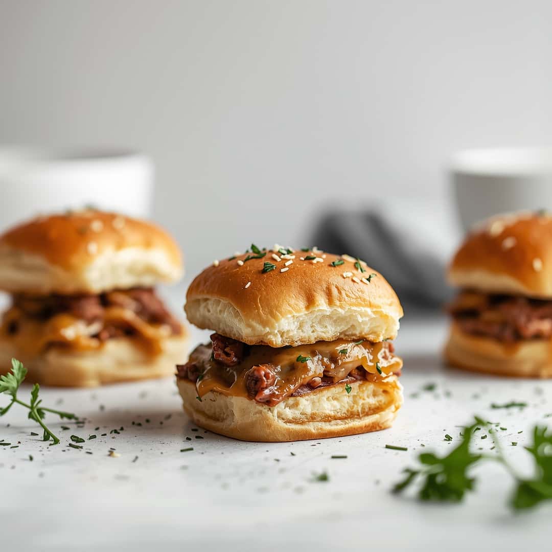 Easy French Dip Sliders Recipe - crispy golden exterior with warm flavorful filling with toasted sesame seeds and dipping bowl