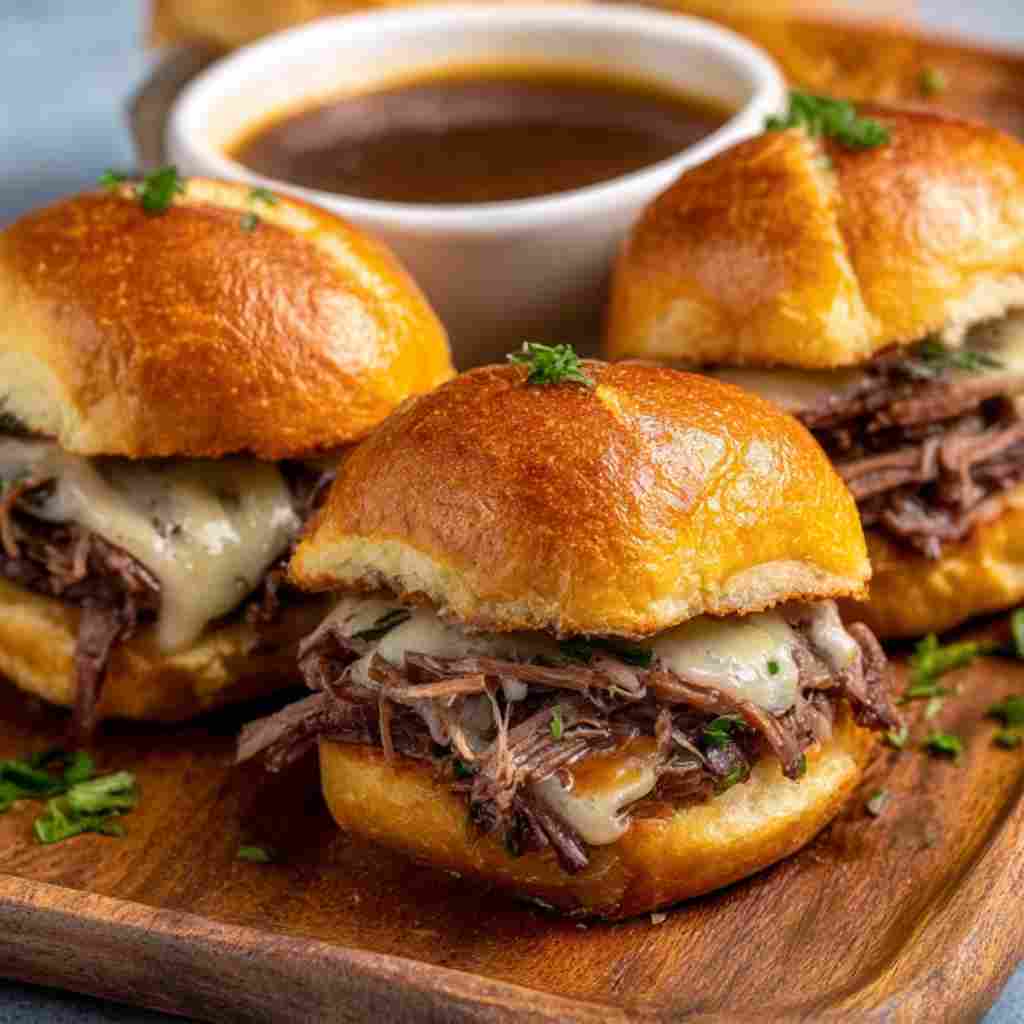 Easy French Dip Sliders - smooth creamy dipping consistency with baked bubbly top with chopped parsley and grated cheese