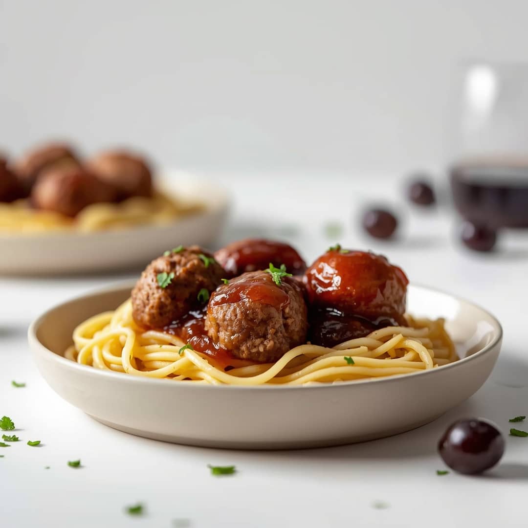 Easy Grape Jelly Meatballs - seared caramelized crust with juicy tender interior with chopped scallions and toasted sesame seeds
