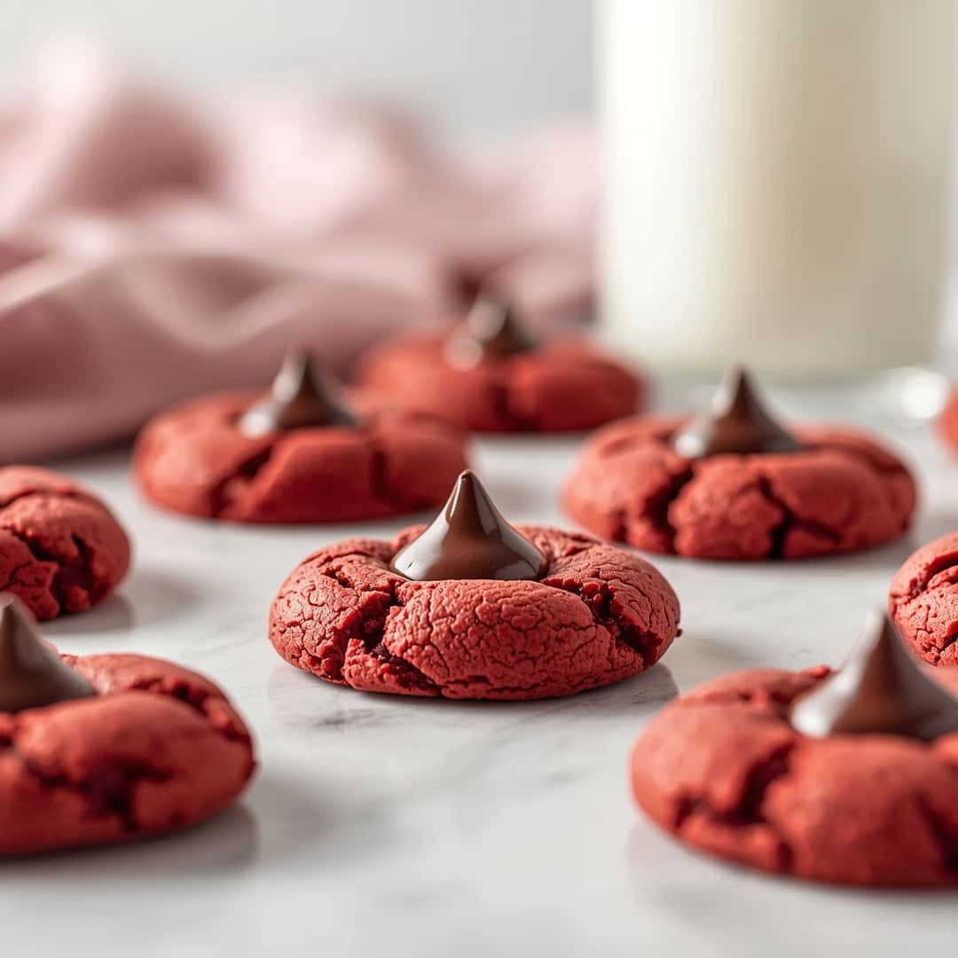 Easy Hershey's Red Velvet Blossoms Cookies - rich fudgy consistency with glossy chocolate finish with chopped toasted nuts