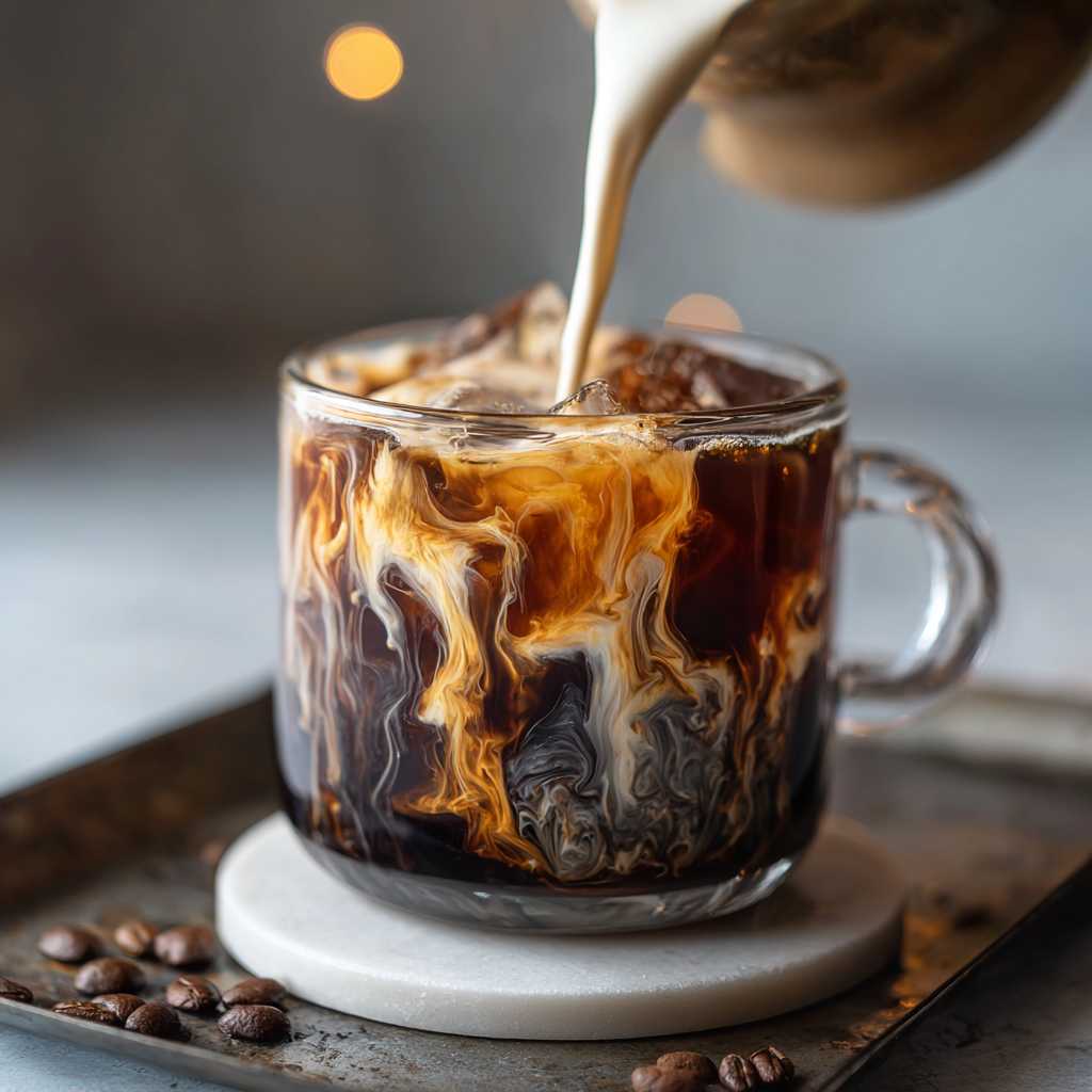 Easy Homemade Coffee Creamer - effervescent bubbling finish over clear ice cubes with fresh sliced strawberries on the glass rim