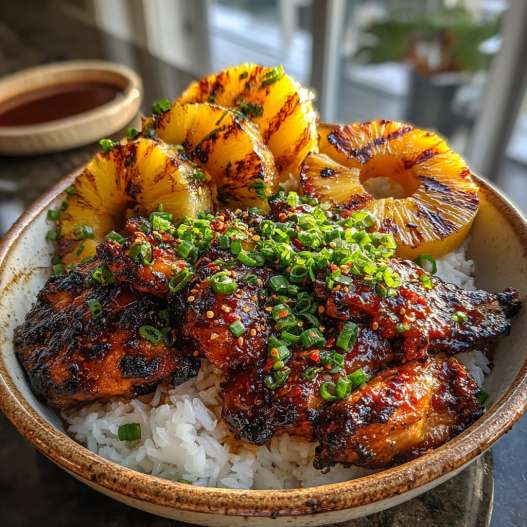 Easy Homemade Grilled Pineapple Chicken - crispy golden skin with aromatic herb seasoning with fresh thyme leaves and roasted garlic cloves