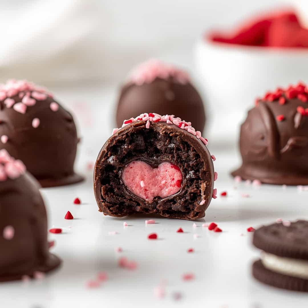 Easy No-Bake Valentine's Day Oreo Truffles - chewy soft-baked center and crisp edges with drizzled melted chocolate