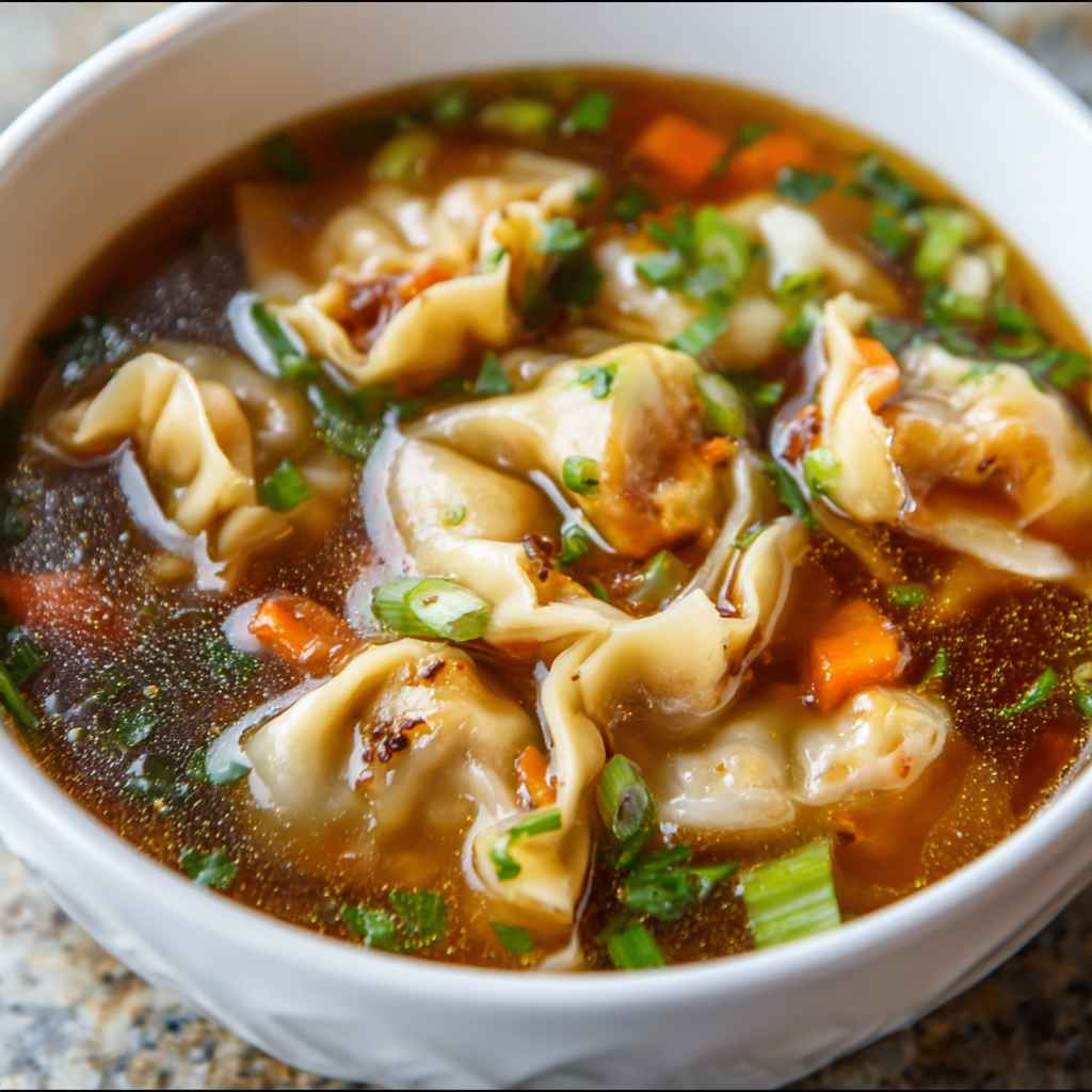 Easy Potsticker Soup Recipe - steaming with a swirl of cream and cracked black pepper
