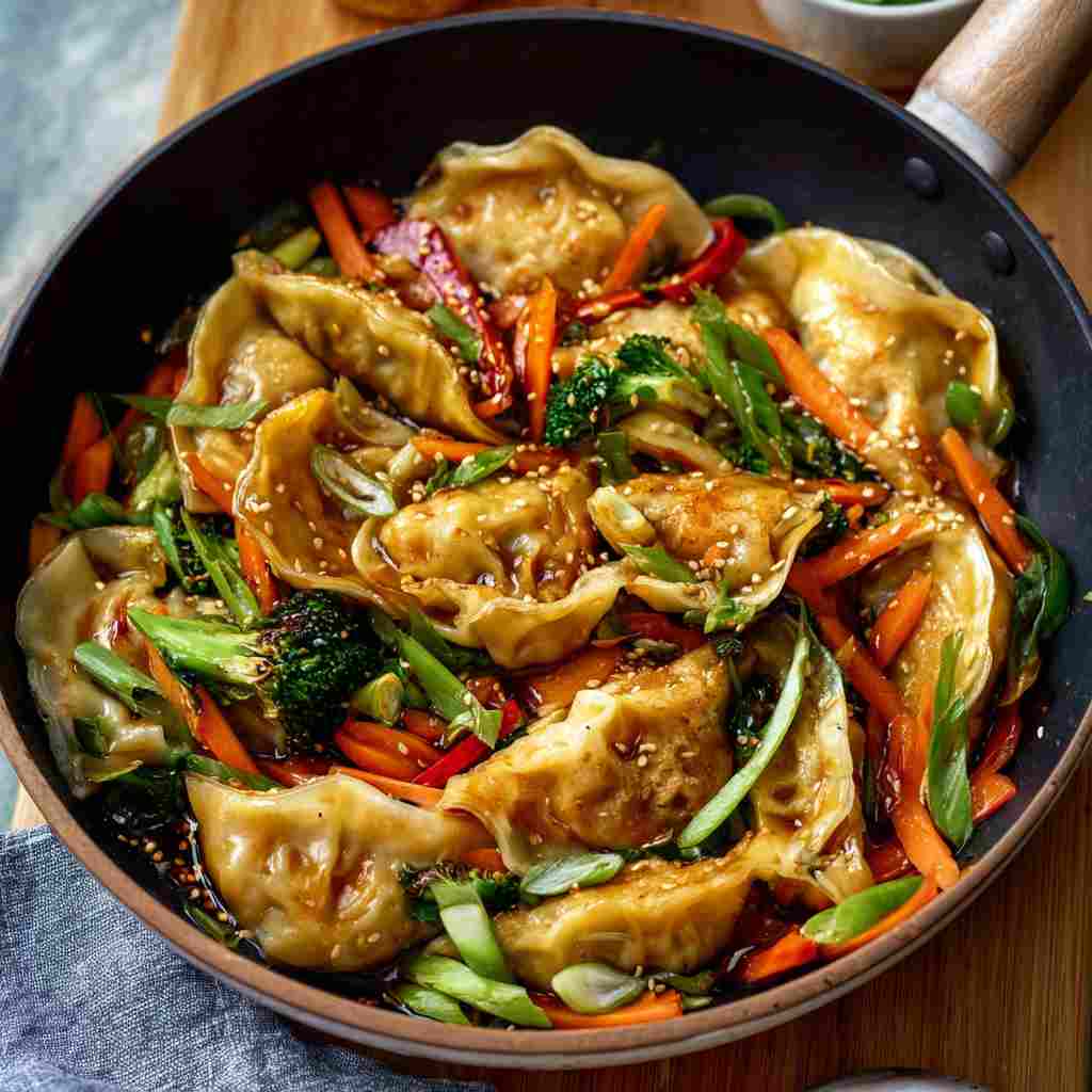Easy Potsticker Stir Fry - seasoned crunchy edges with vibrant dipping sauce with fresh cilantro leaves and sliced jalapeños