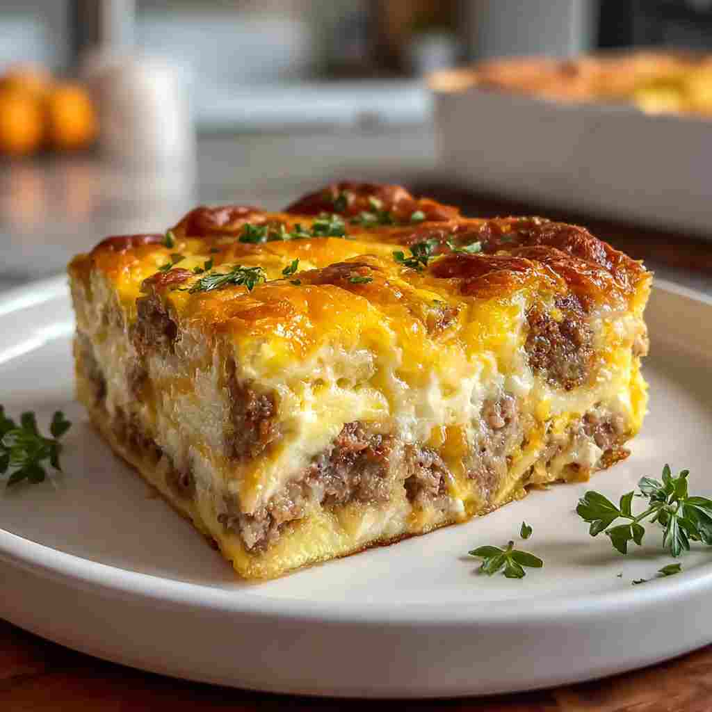 Easy Sausage and Egg Casserole - seared caramelized crust with juicy tender interior with chopped scallions and toasted sesame seeds