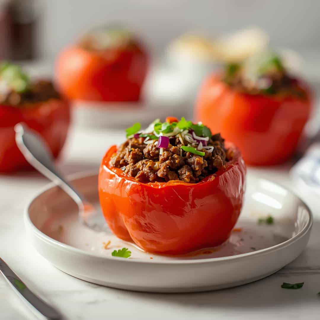 Easy Stuffed Bell Peppers Ground Beef - golden sizzled finish with rich natural juices with flaky sea salt and fresh thyme