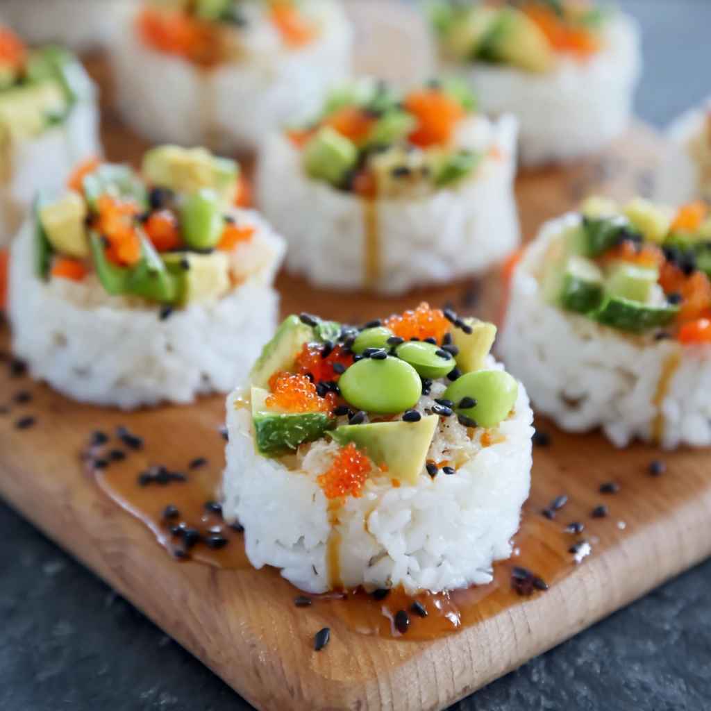 Easy Sushi Cups Recipe - beautifully cooked texture with balanced colors and appetizing finish with cracked black pepper and olive oil