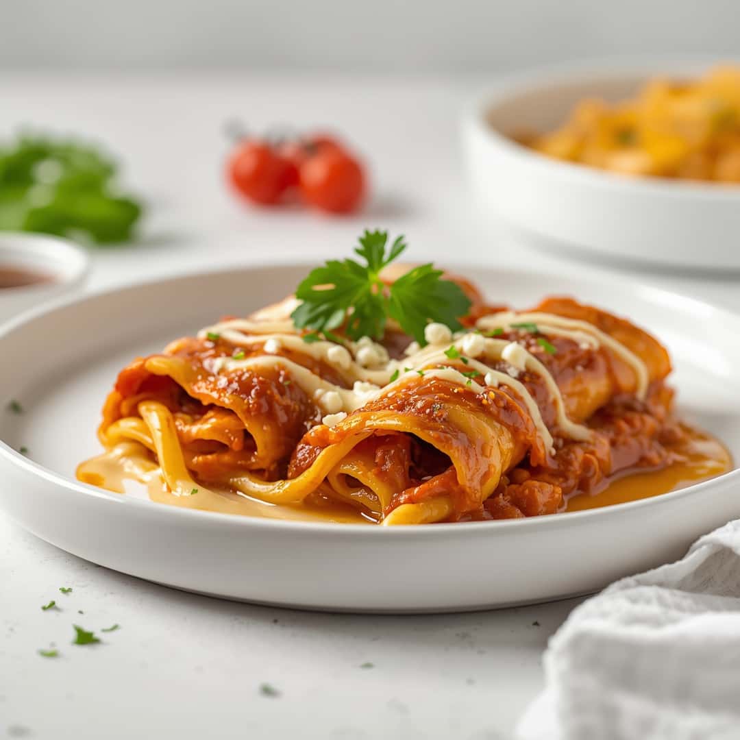 Enchilada Pasta Recipe - tender pasta pockets smothered in rich flavorful sauce with chopped flat-leaf parsley and red pepper flakes