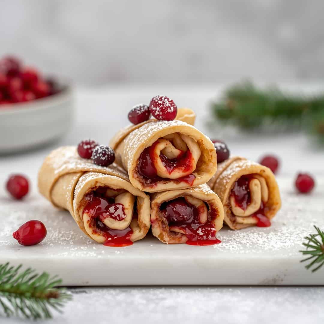 Festive Christmas Cranberry Roll Ups - seasoned crunchy edges with vibrant dipping sauce with fresh cilantro leaves and sliced jalapeños