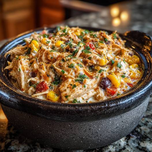 Fiesta Chicken Crock Pot Recipe - succulent simmered chicken smothered in rich pan sauce with fresh rosemary sprigs and pan drippings