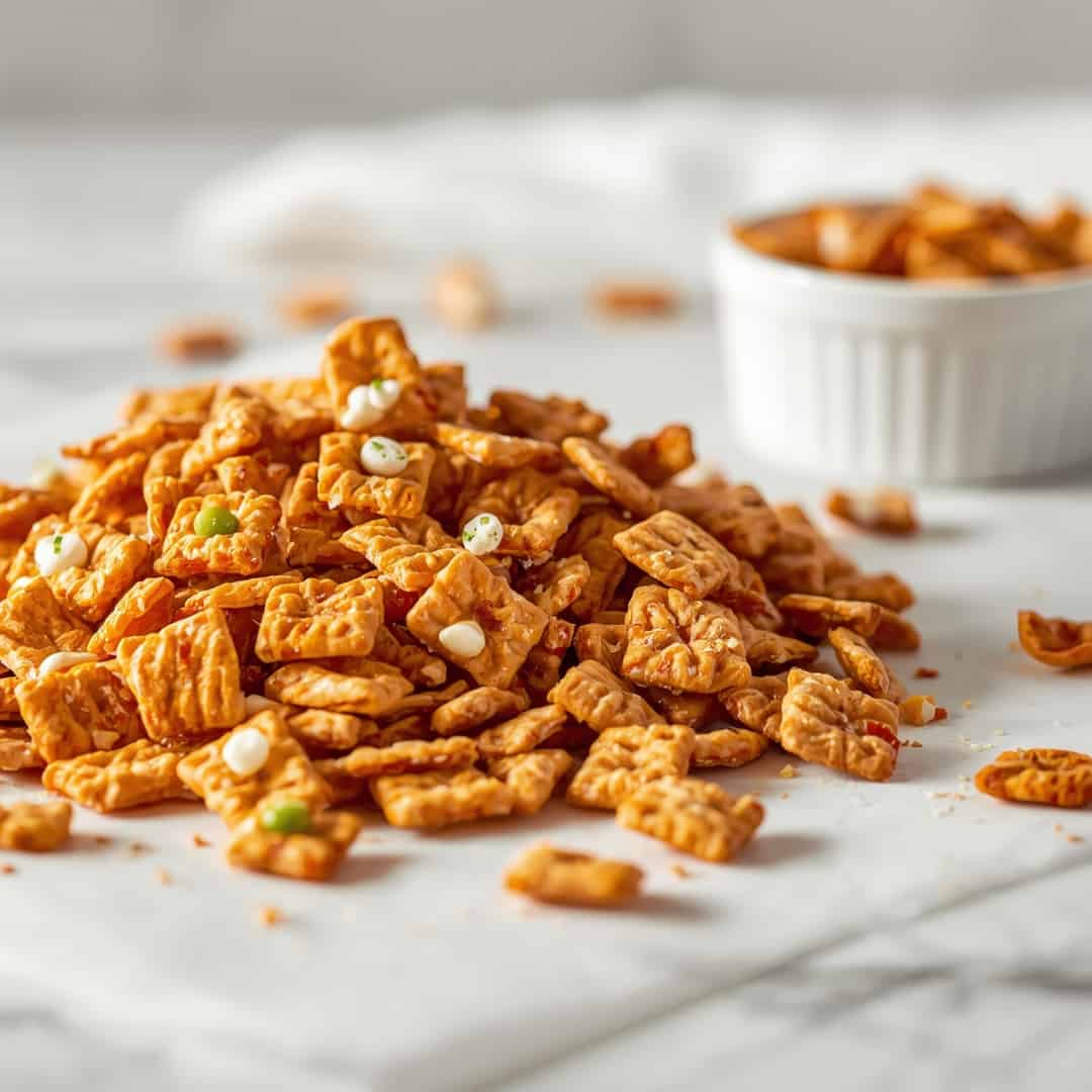 Firecracker Chex Mix - homemade dish showcasing wholesome fresh ingredients with microgreens and lemon zest