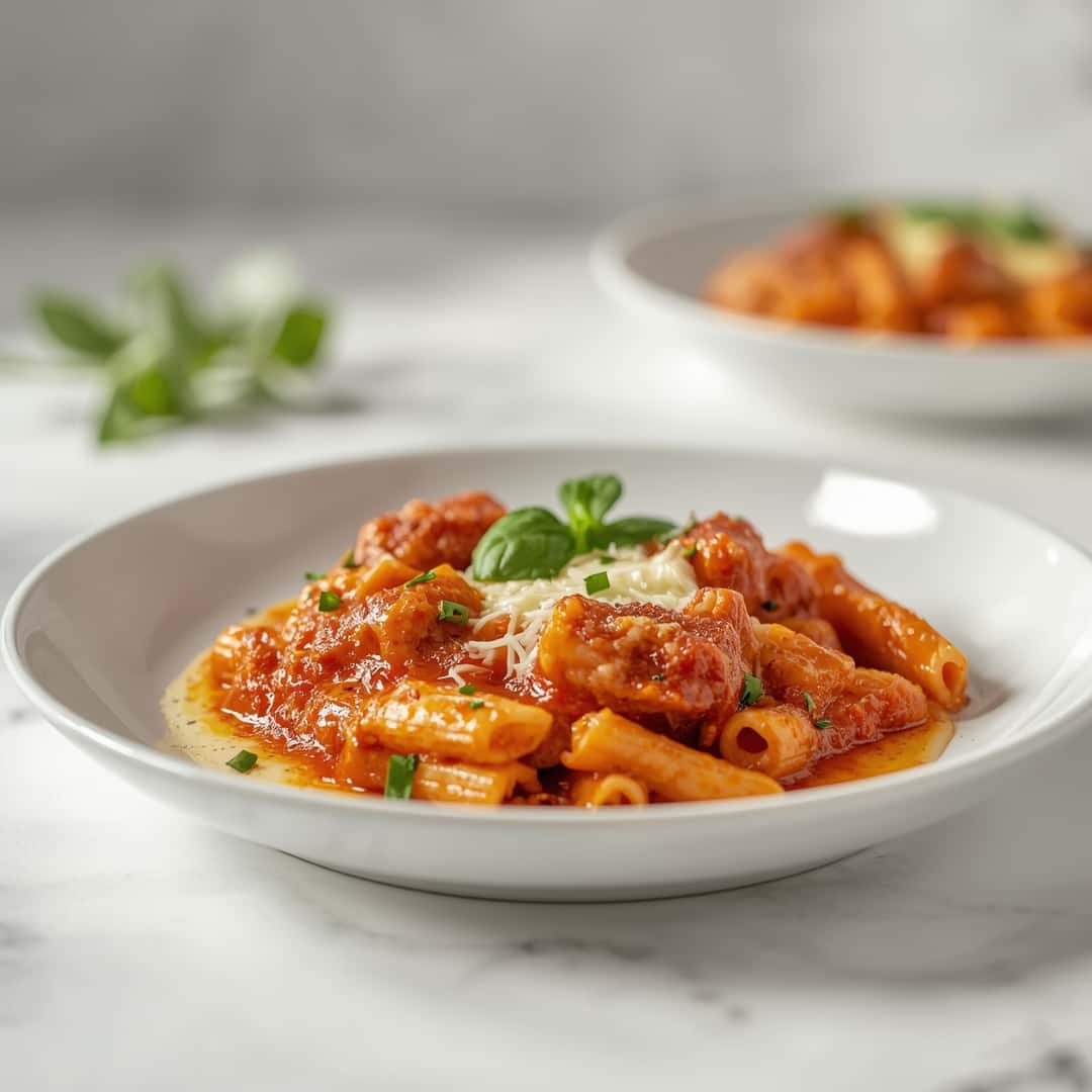 Five Cheese Ziti Al Forno - beautifully cooked texture with balanced colors and appetizing finish with cracked black pepper and olive oil