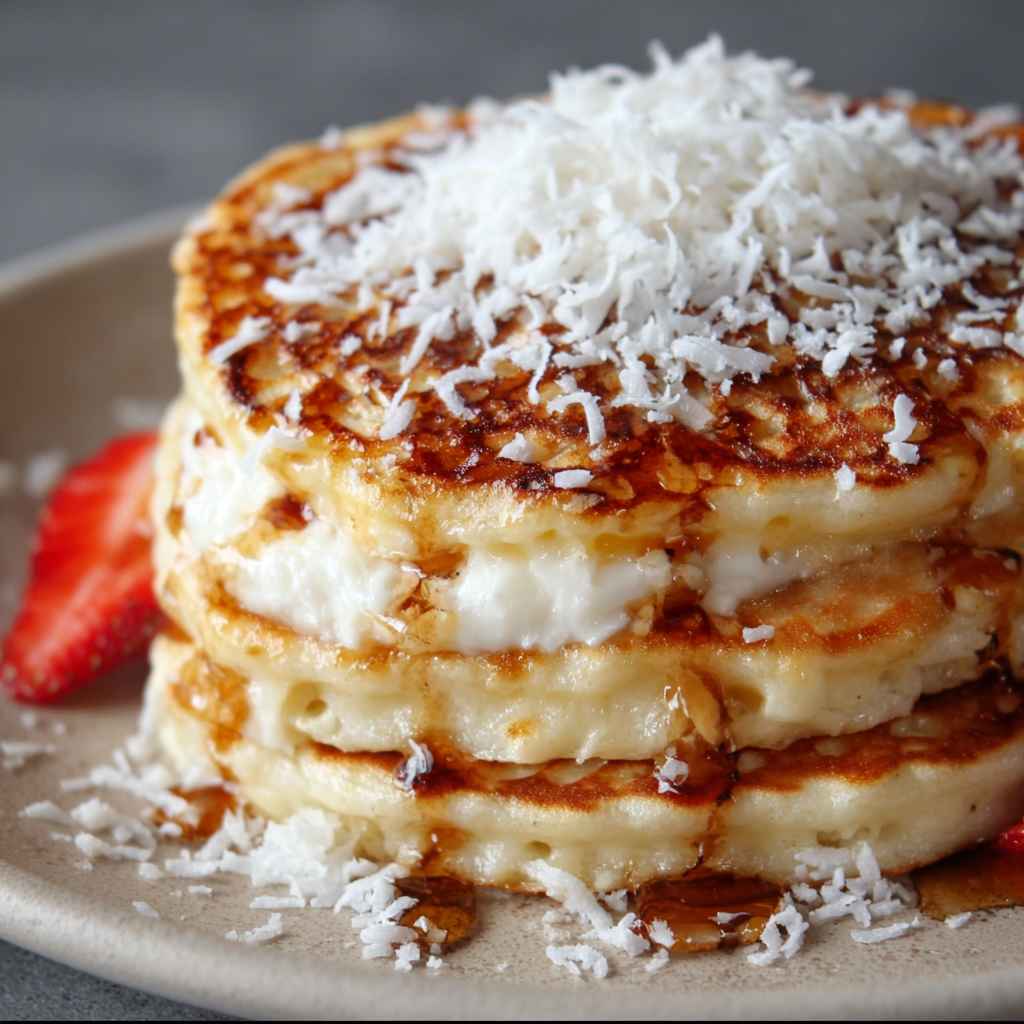 Fluffy Coconut Cream Pancakes - delicate flaky crust with warm caramelized edges with fresh garden berries and mint