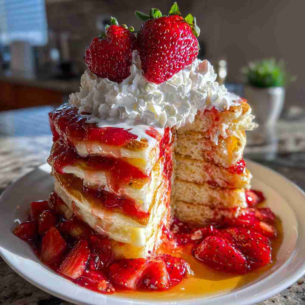 Fluffy Strawberry Pancakes Recipe - delicate flaky crust with warm caramelized edges with fresh garden berries and mint