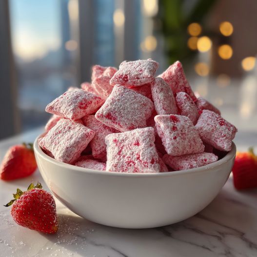 Fluffy Strawberry Shortcake Puppy Chow - rich velvety layer with crisp golden edges with a delicate dusting of powdered sugar