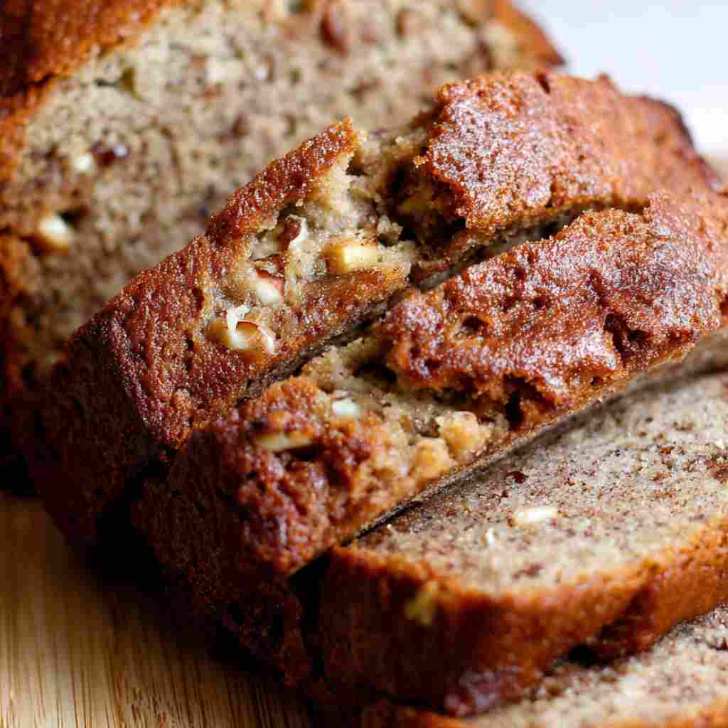 Foolproof Banana Bread Recipe - delicate flaky crust with warm caramelized edges with fresh garden berries and mint