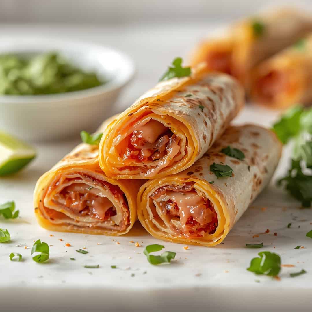 French Dip Tortilla Roll Ups - seasoned crunchy edges with vibrant dipping sauce with fresh cilantro leaves and sliced jalapeños