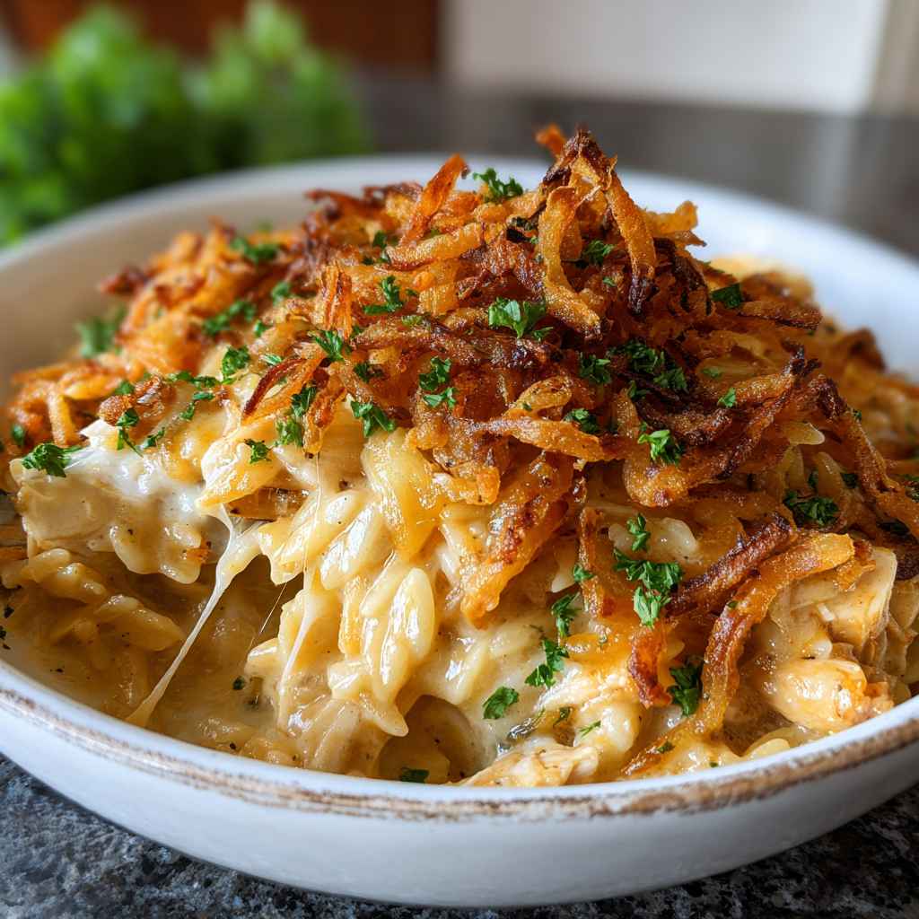French Onion Chicken Orzo Casserole - golden baked melted cheese crust with saucy edges with freshly grated Parmigiano-Reggiano and torn basil