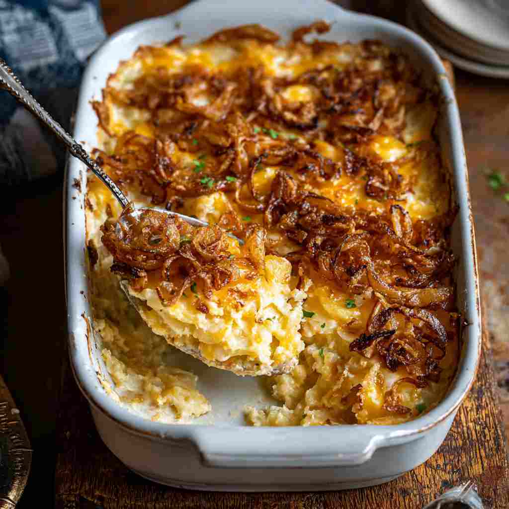 French Onion Funeral Potatoes - tender with fresh seasonal herbs