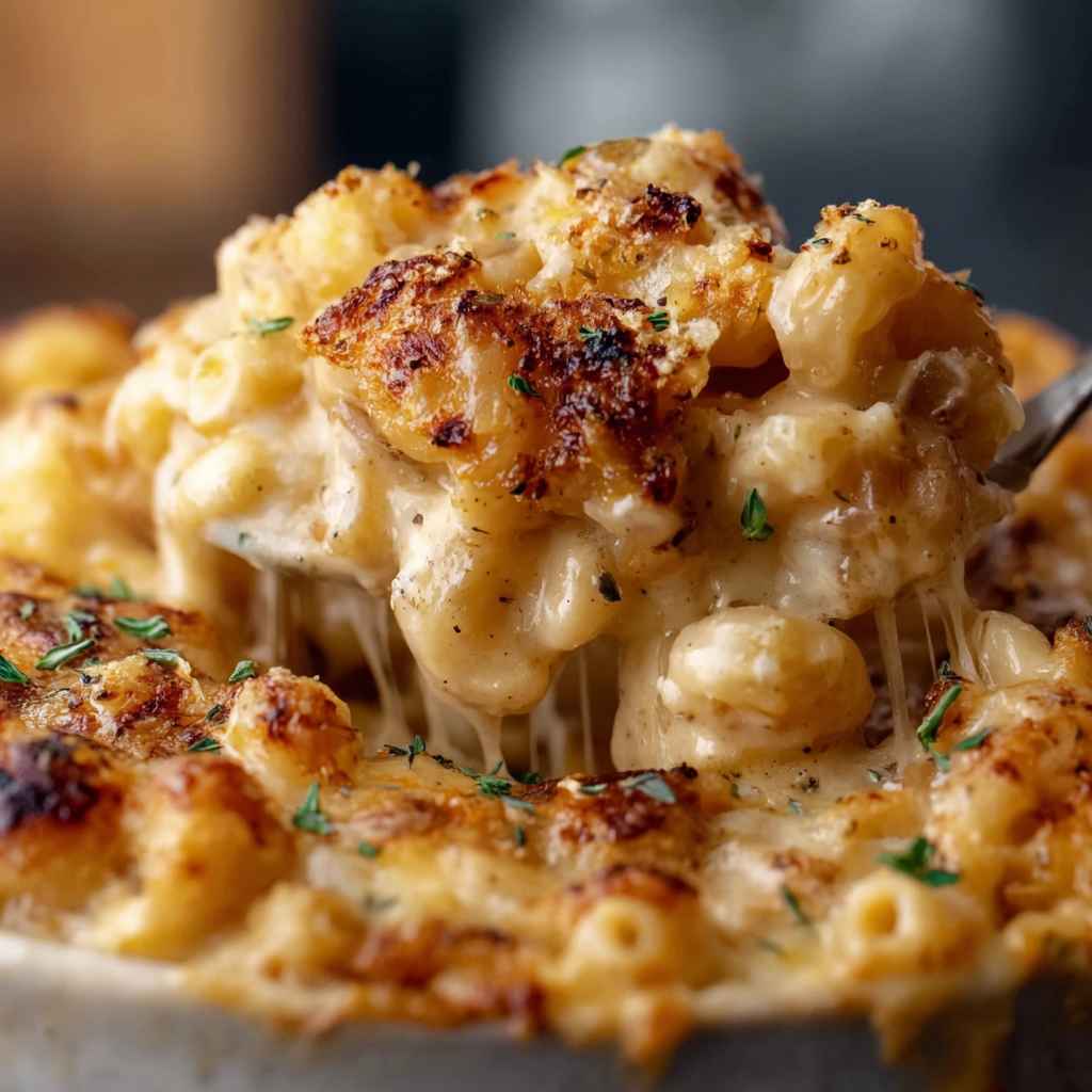 French Onion Soup Mac & Cheese - comforting homemade broth with tender vegetables with chopped fresh Italian parsley