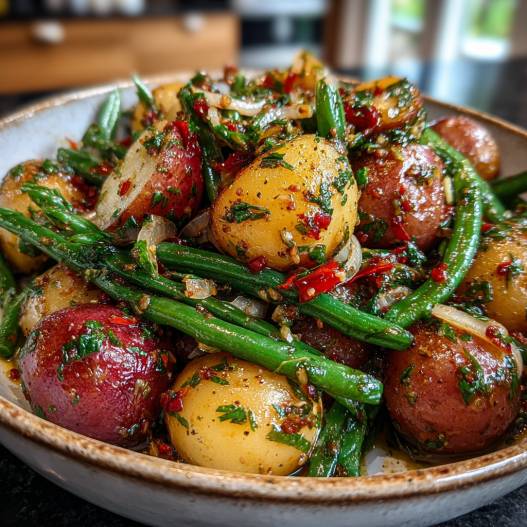 French-Style Potato and Green Bean Salad - colorful crunchy medley with radiant fresh textures with shaved radishes and fresh herbs