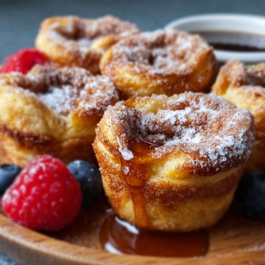 French Toast Muffins Recipe - rich velvety layer with crisp golden edges with a delicate dusting of powdered sugar