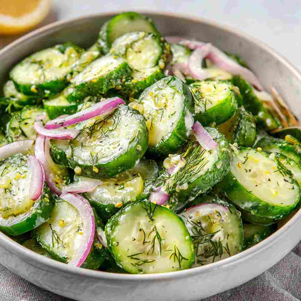 Fresh Cucumber Dill Salad - delicate fresh leaves tossed with vibrant seasonal toppings with fresh cracked pepper and lemon wedges