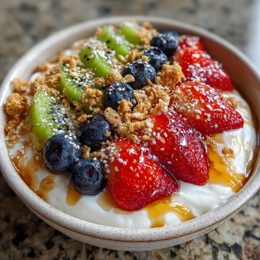 Fruit Breakfast Bowl - colorful crunchy medley with radiant fresh textures with toasted seeds and crumbled cheese