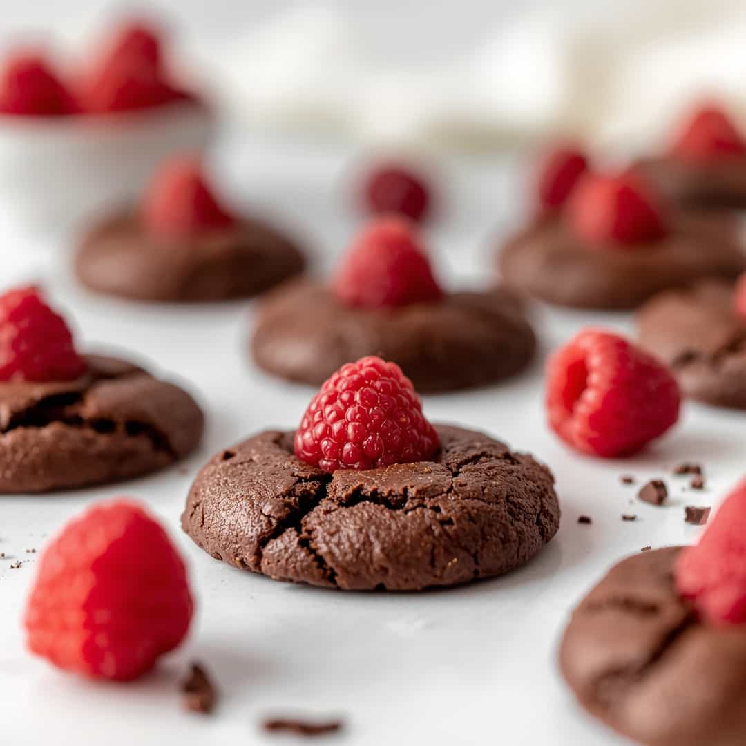 Fudgy Raspberry Chocolate Cookies - chewy soft-baked center and crisp edges with drizzled melted chocolate