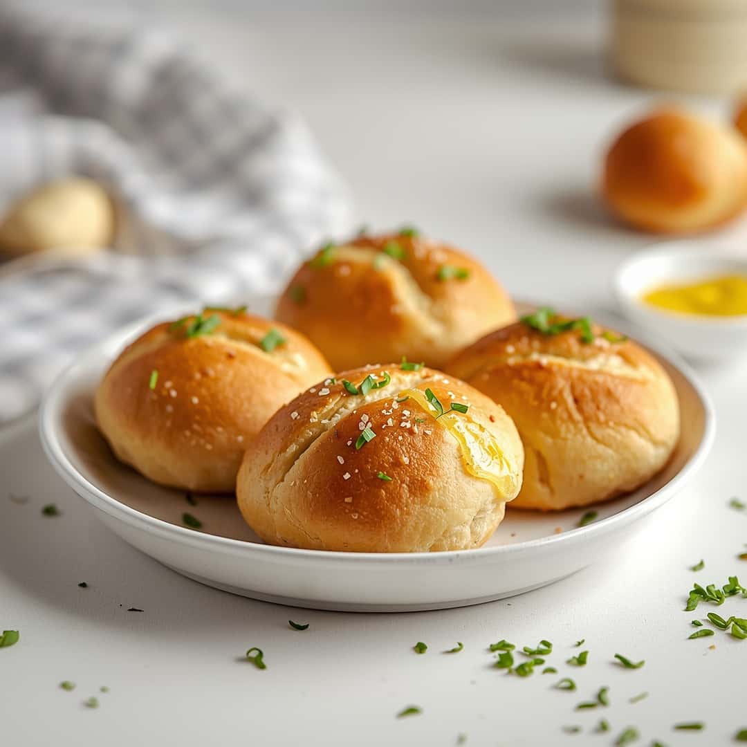 Garlic Butter Bread Rolls - delicate flaky crust with warm caramelized edges with fresh garden berries and mint