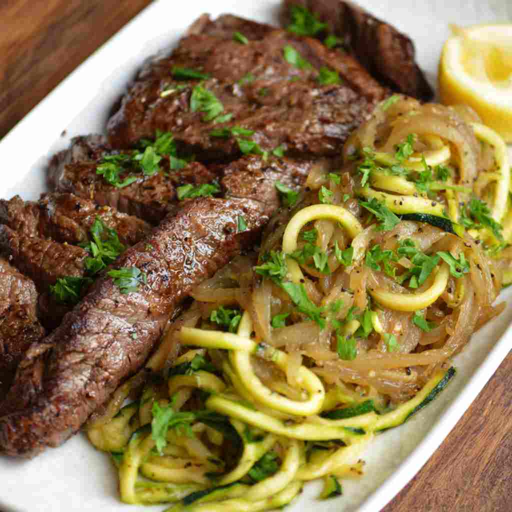 Garlic Butter Steak and Zucchini - smooth creamy blended texture with rich froth with a festive straw and lime wedge