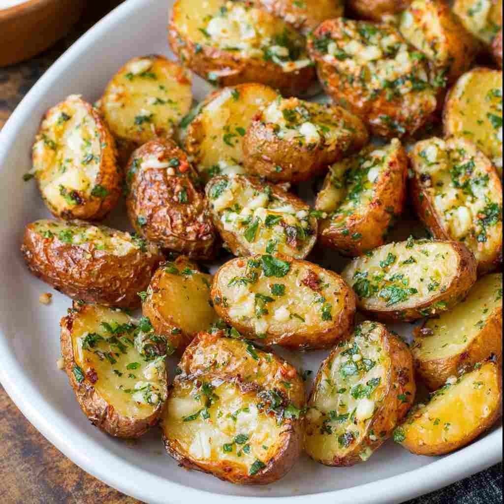 Garlic Herb Roasted Potato Skins - tender slow-cooked meat with deep savory glaze with fresh parsley and cracked peppercorns