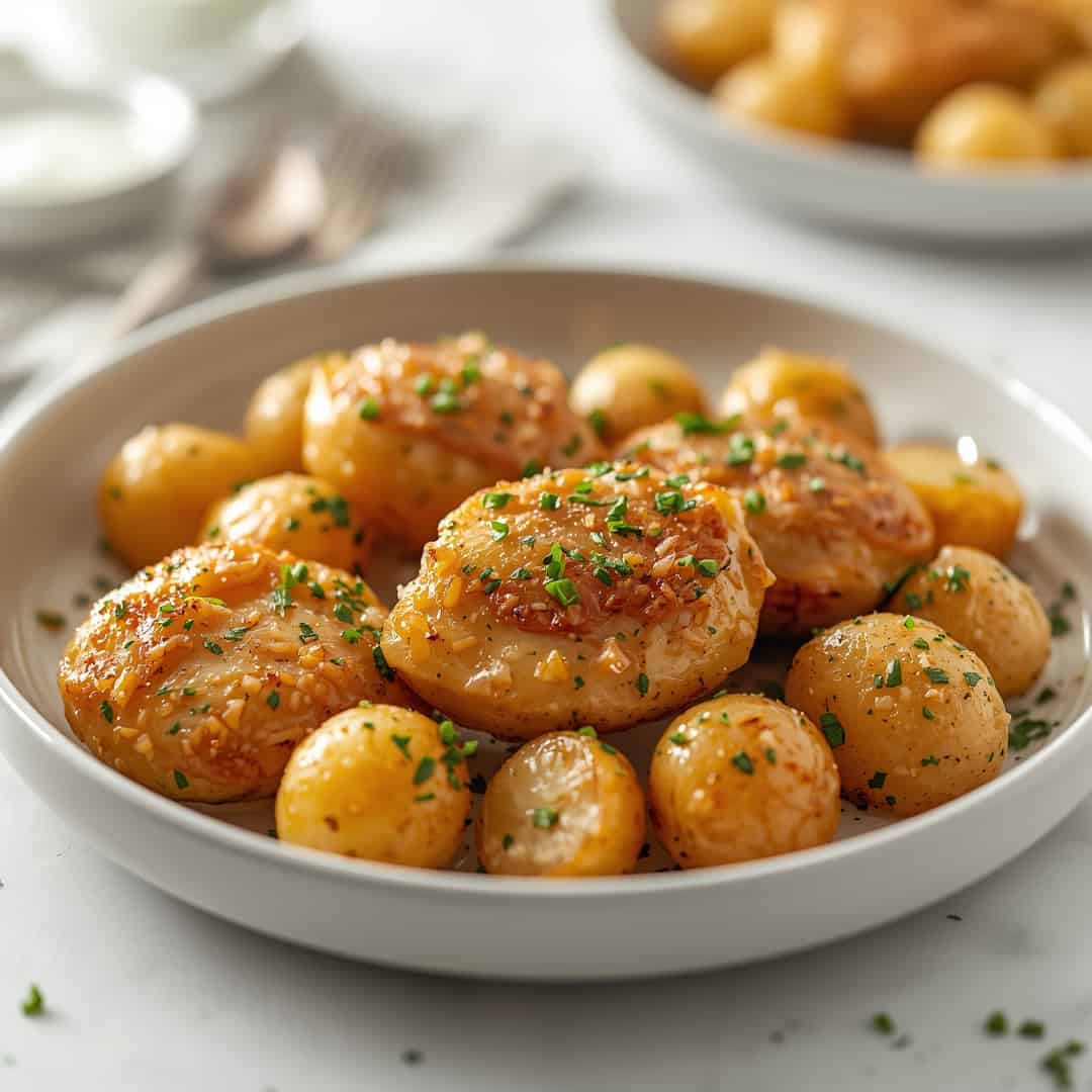Garlic Parmesan Chicken Potatoes - succulent simmered chicken smothered in rich pan sauce with fresh rosemary sprigs and pan drippings