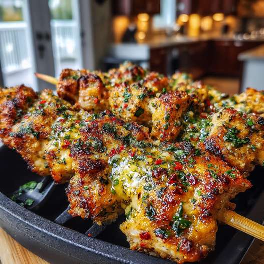 Garlic Parmesan Chicken Skewers - tender with chopped chives and lemon slices