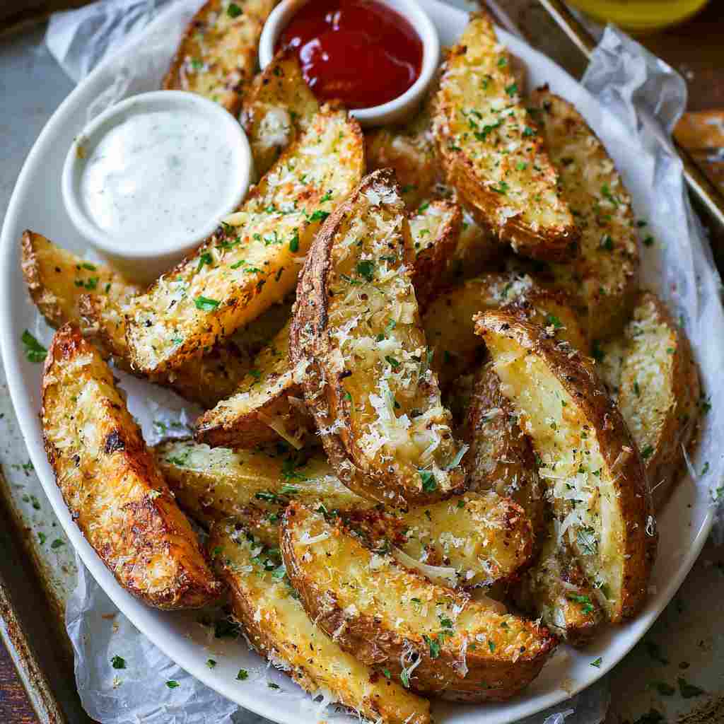 Garlic Parmesan Potato Wedges - homemade dish showcasing wholesome fresh ingredients with microgreens and lemon zest