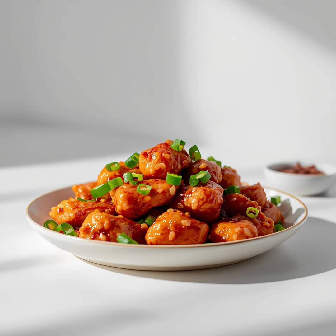 General Tso's Chicken - crispy golden skin with aromatic herb seasoning with fresh thyme leaves and roasted garlic cloves