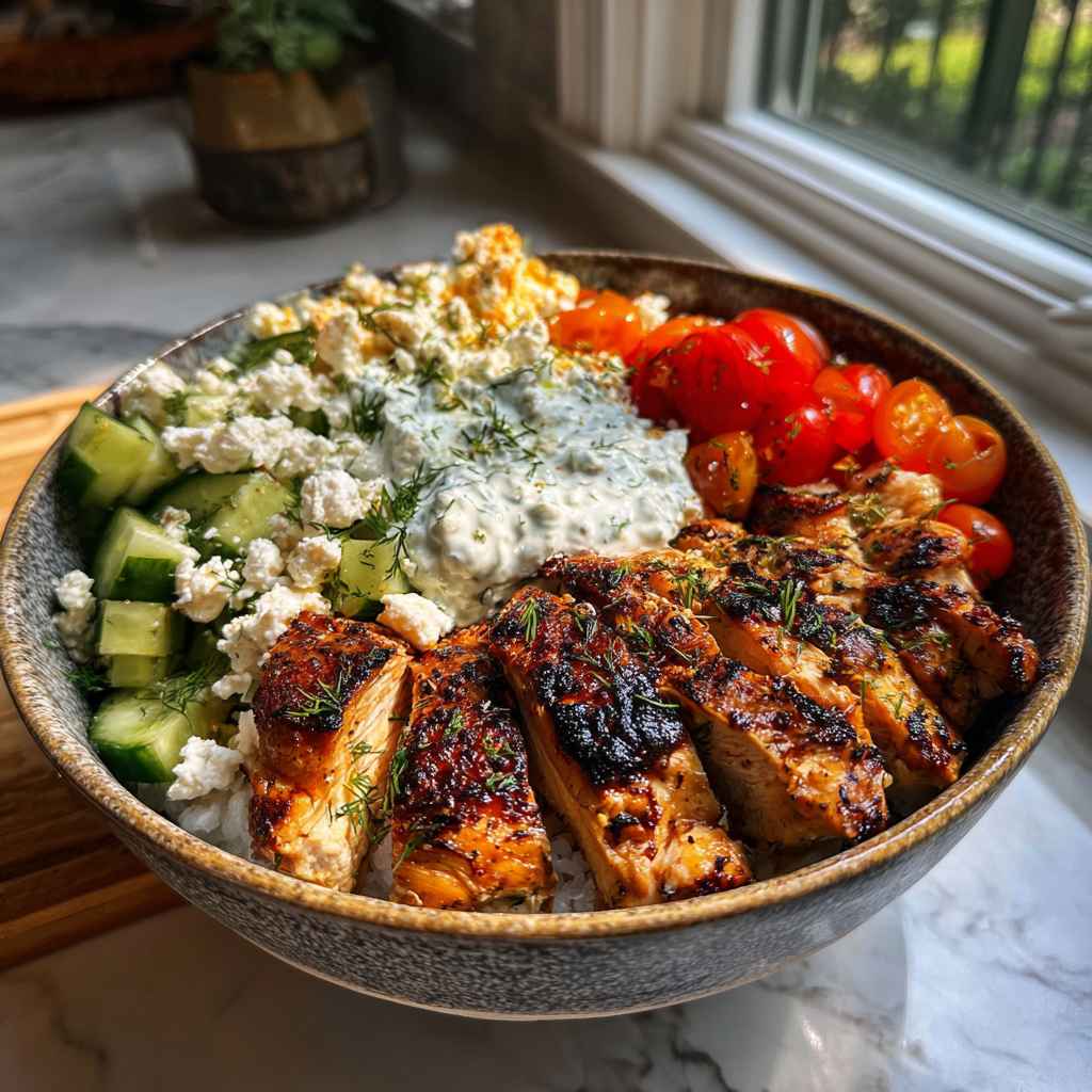 Greek Chicken Bowls - delicate fresh leaves tossed with vibrant seasonal toppings with a light drizzle of vinaigrette