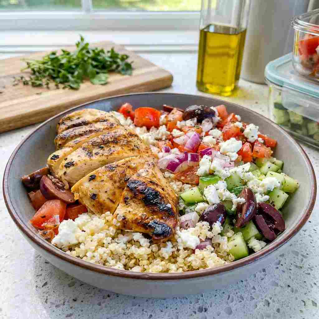 Greek Chicken Meal Prep Bowls - crisp garden greens with toasted seeds and crumbled cheese