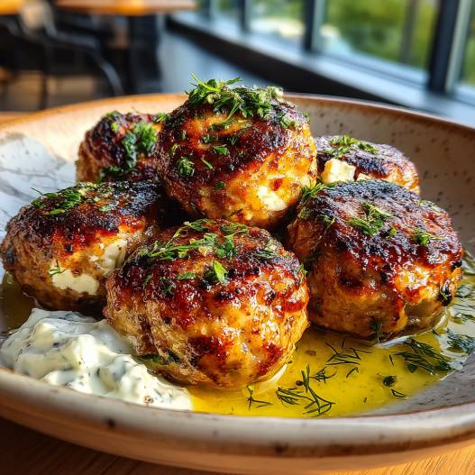 Greek Chicken Meatballs - crispy golden skin with aromatic herb seasoning with fresh thyme leaves and roasted garlic cloves