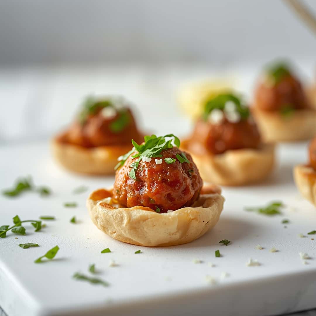 Greek-inspired Meatball Appetiser - seared caramelized crust with juicy tender interior with chopped scallions and toasted sesame seeds